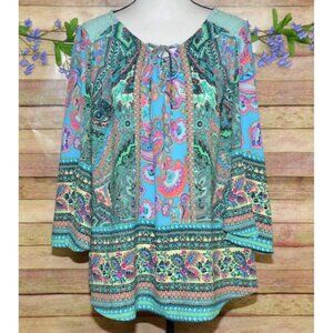 Figueroa & Flower Womens 2X Green Floral Lace Up Lace Back Blouse Tunic Top